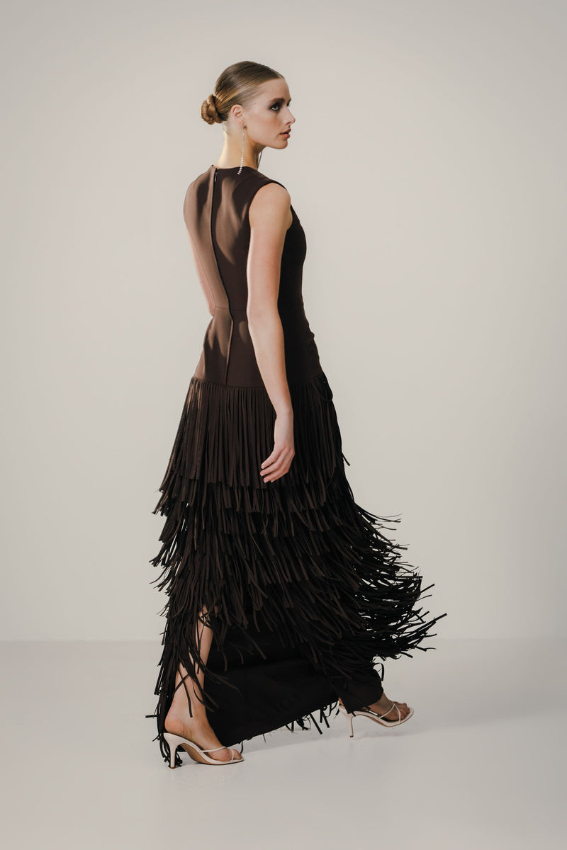 Jewel Neck Jackie Gown with Fringe Hem