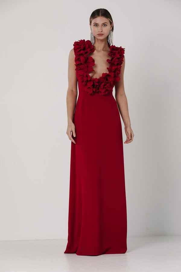 V Neck Gown with Parrot Tulip Neckline