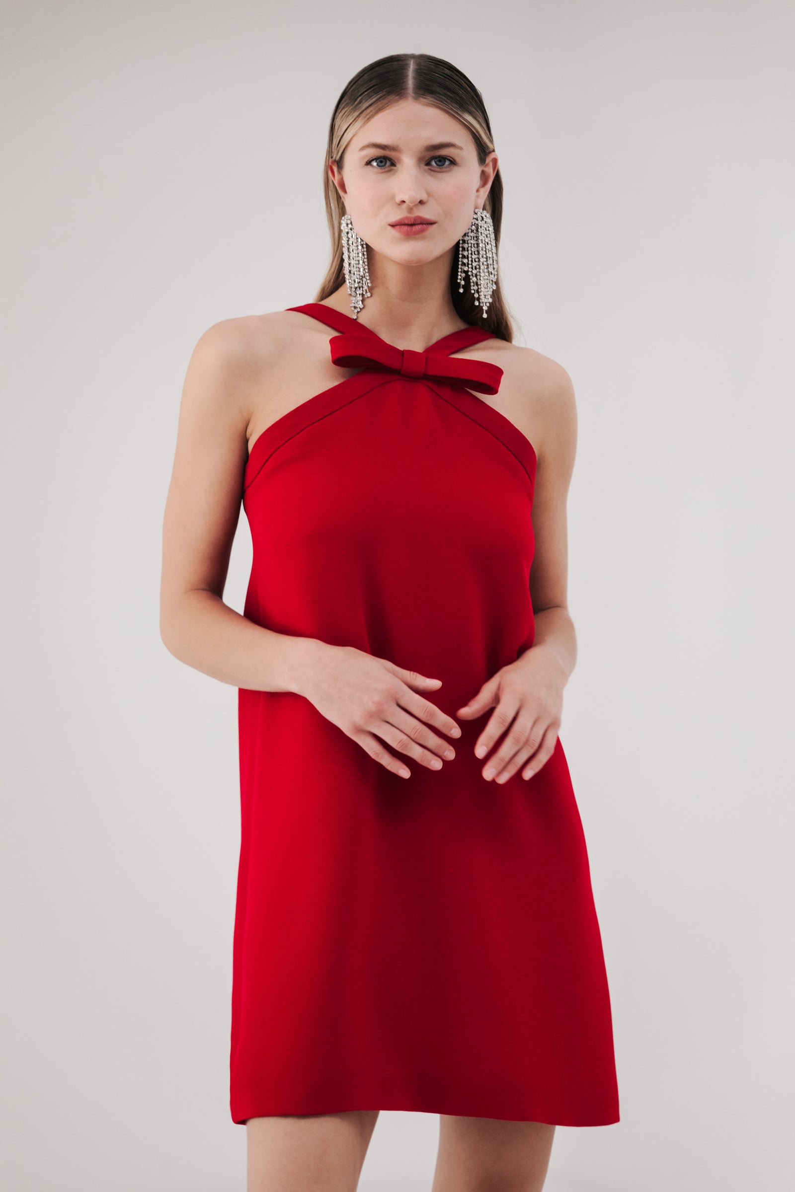 halter dress with bow Tie – Catherine Regehr woven-boxer Sister Jane plunge tiered 55 CARE Hand Wash Color:M-Dark Red