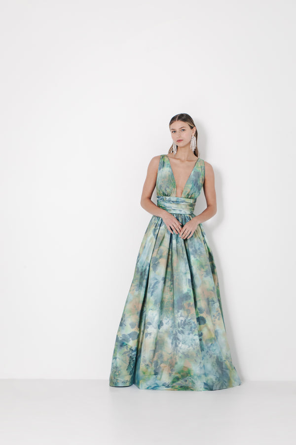 V Neck Floral Gown with Bow Tie