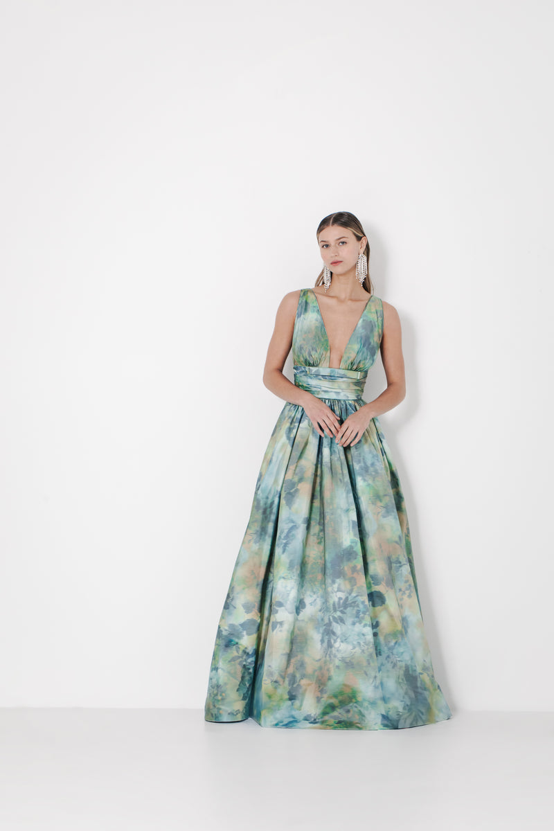 V Neck Floral Gown with Bow Tie