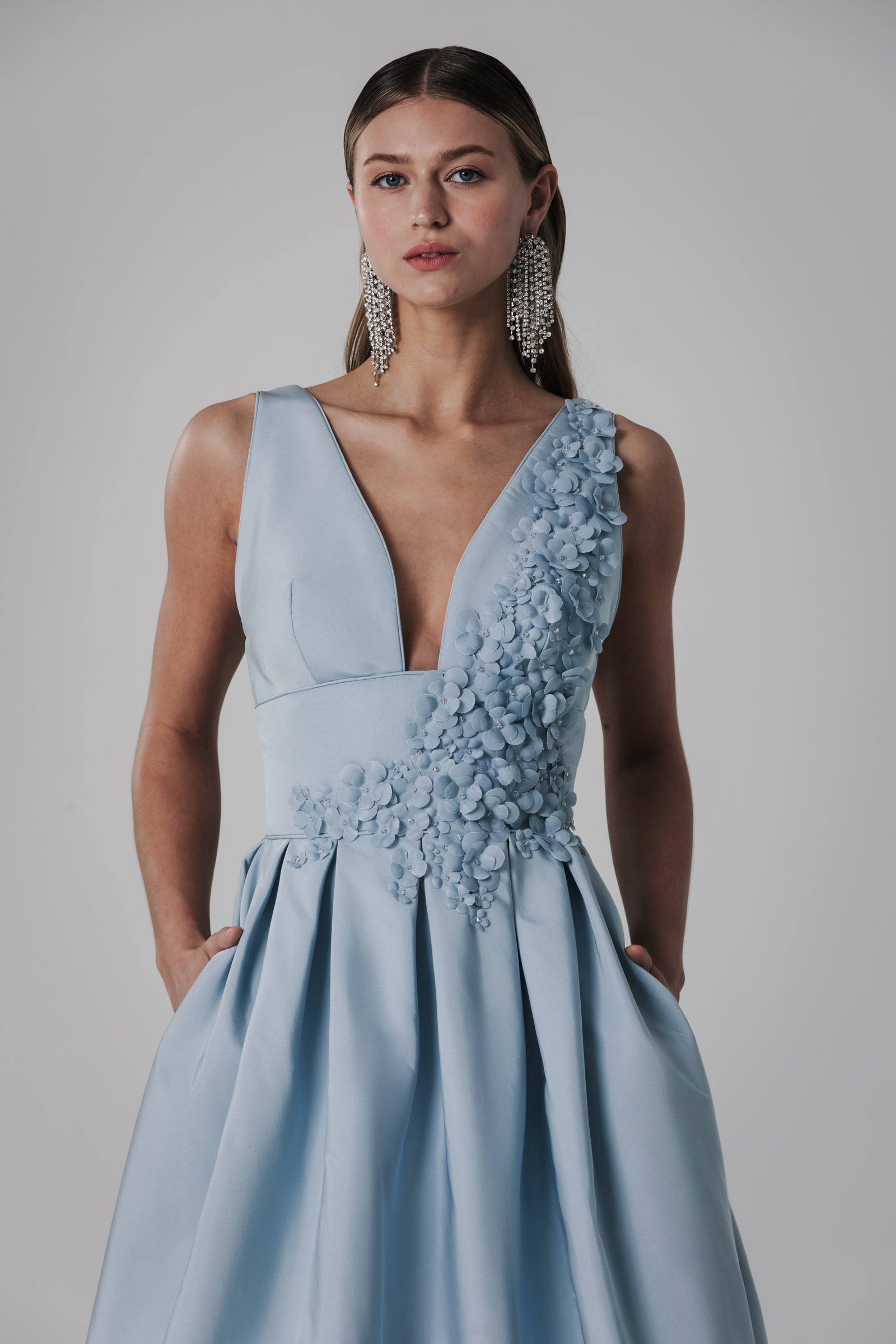 V Neck Gown with Petal Spray & Dirndl Skirt – Catherine Regehr