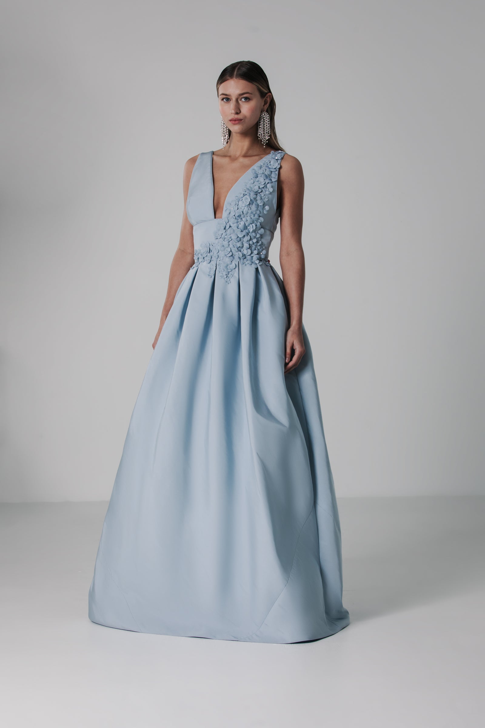 V Neck Gown with Petal Spray & Dirndl Skirt – Catherine Regehr