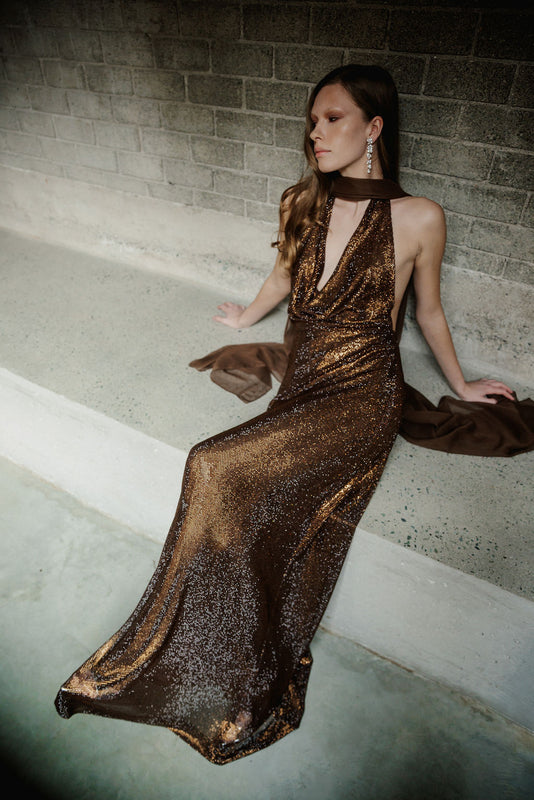 catherine regehr evening dresses Off Shoulder Roll Collar Gown with Spiral Hem