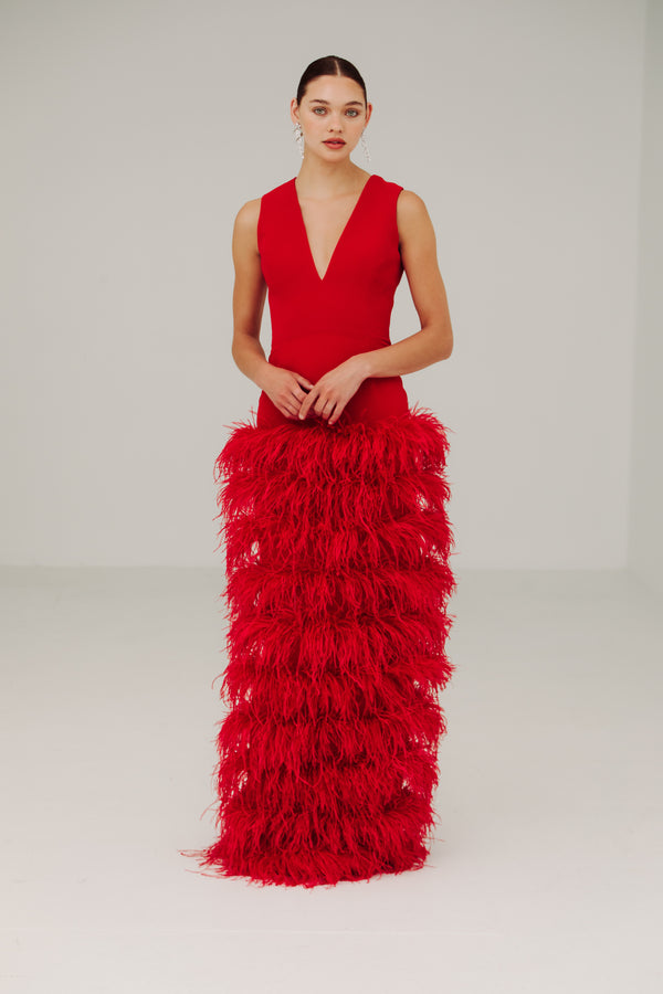 V Neck Tiered Feather Gown