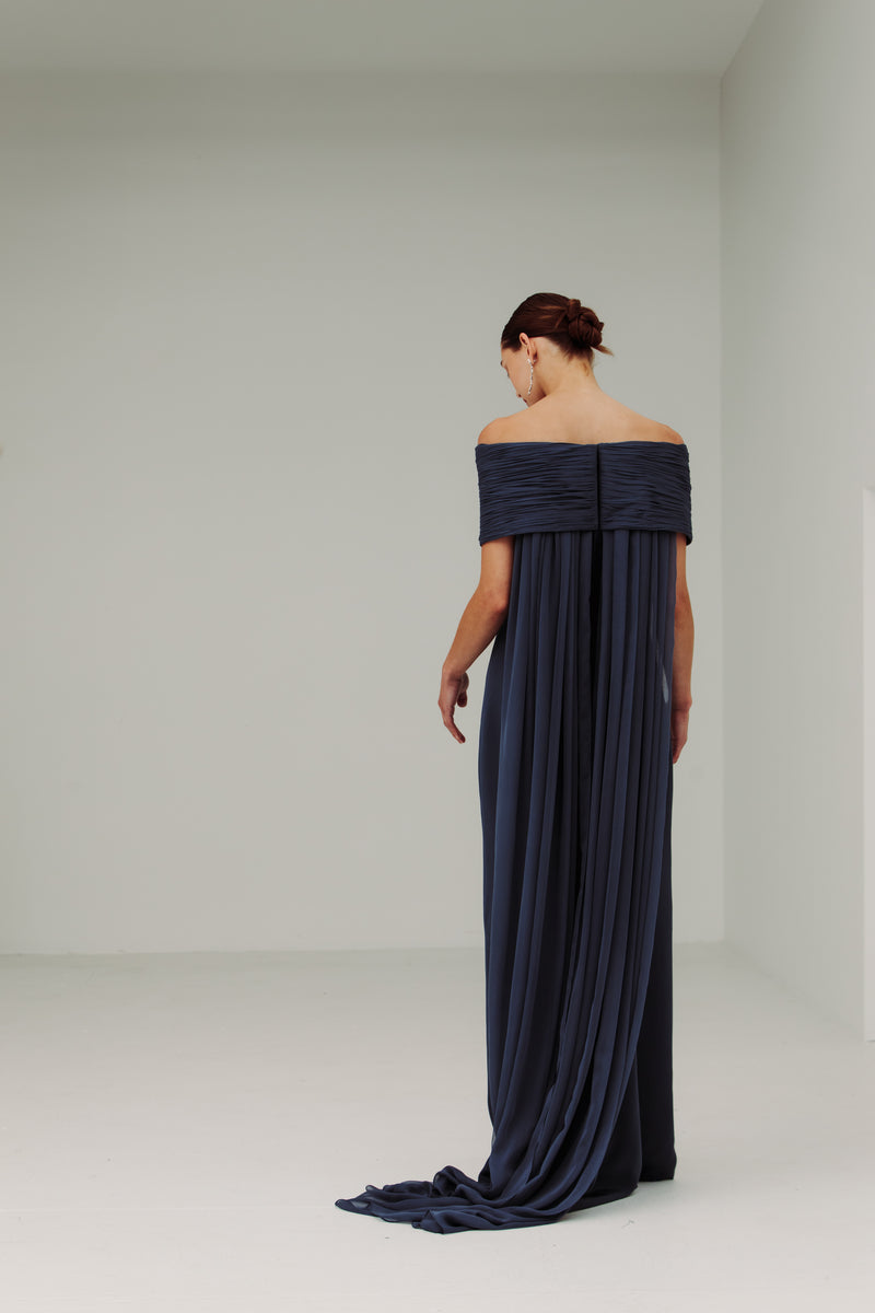Off Shoulder Ripple Collar Gown with Back Floats