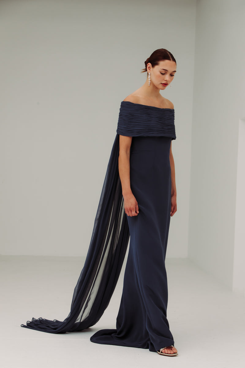 Off Shoulder Ripple Collar Gown with Back Floats
