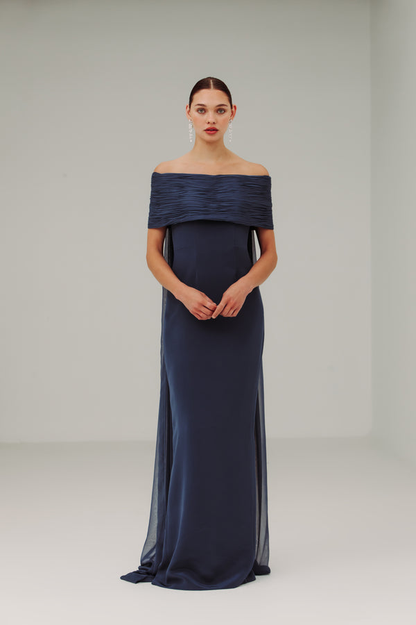 Off Shoulder Ripple Collar Gown with Back Floats