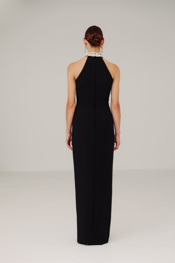T Neck Sheath with Set Gem Neck & Side Slit