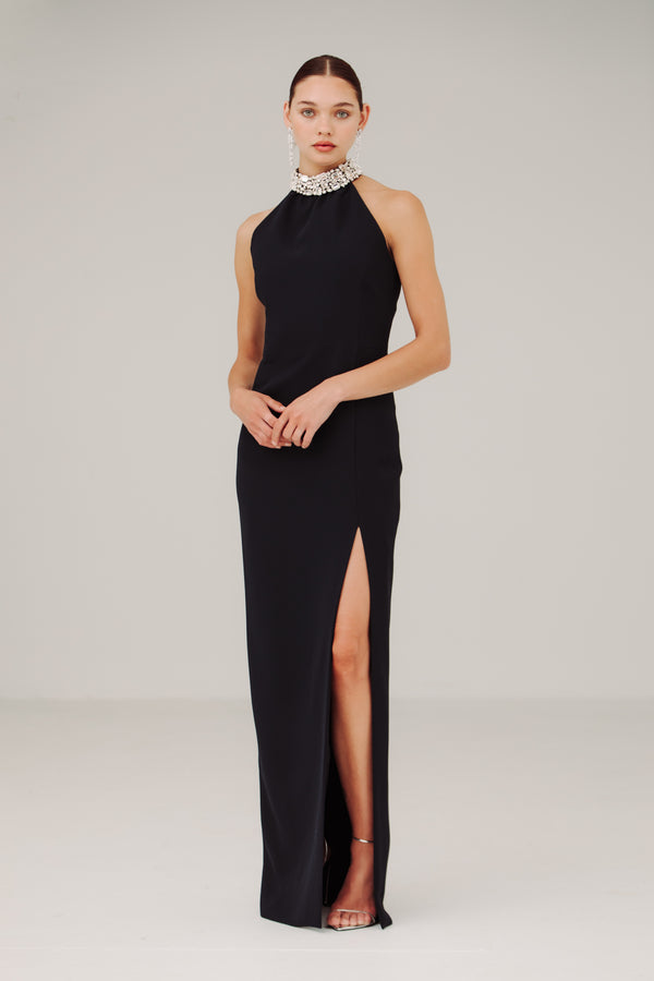 T Neck Sheath with Set Gem Neck & Side Slit