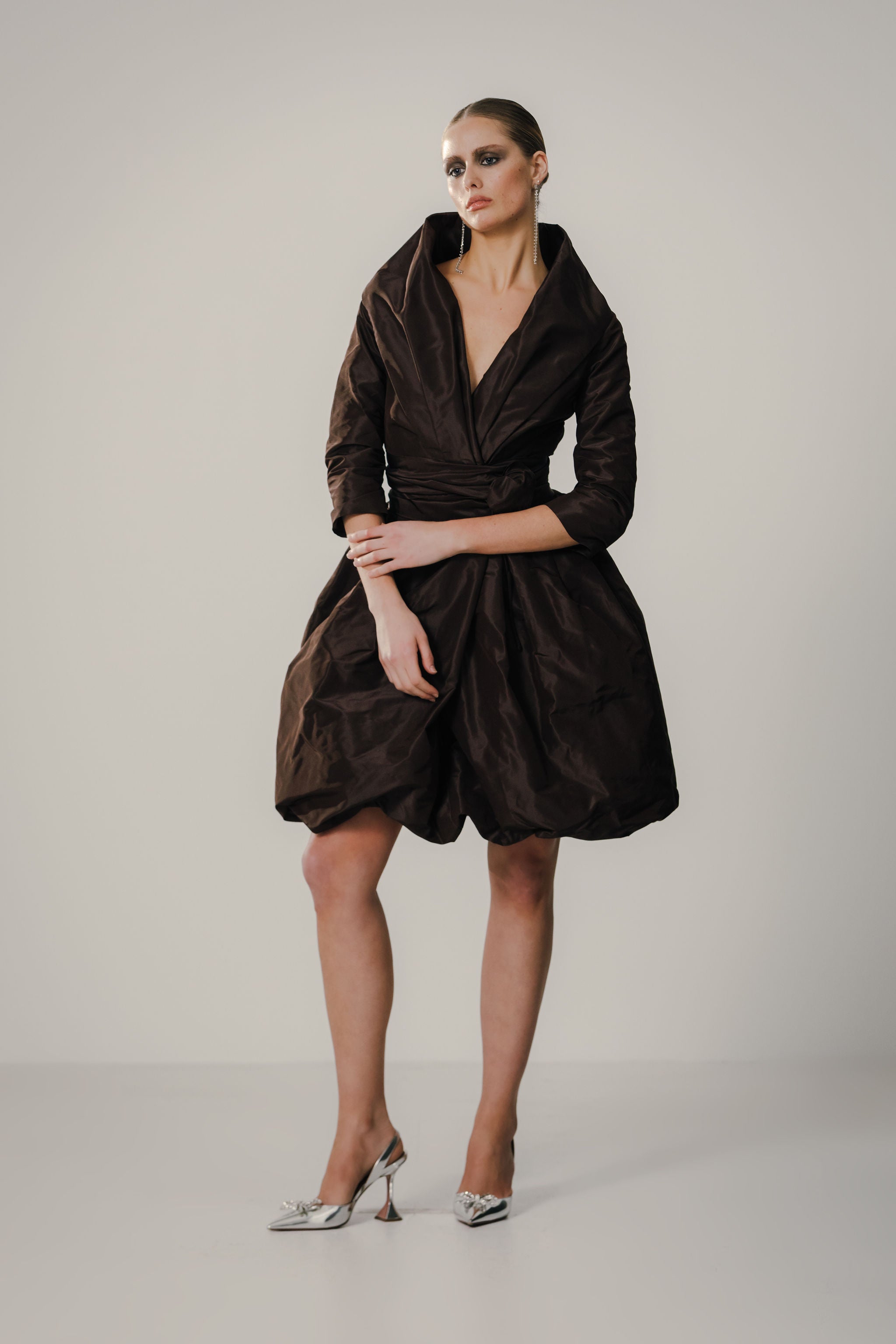 【CHICLINE】Smulders shawl collar leather flared tweed dress CHICLINE】Smulders shawl collar leather flared tweed dress