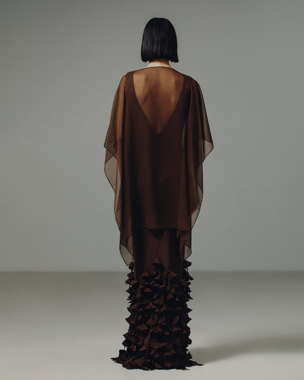 Bias V Neck Gown with Cone Hem & Overlay