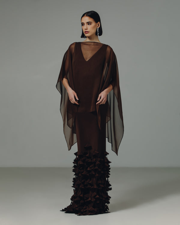 Bias V Neck Gown with Cone Hem & Overlay