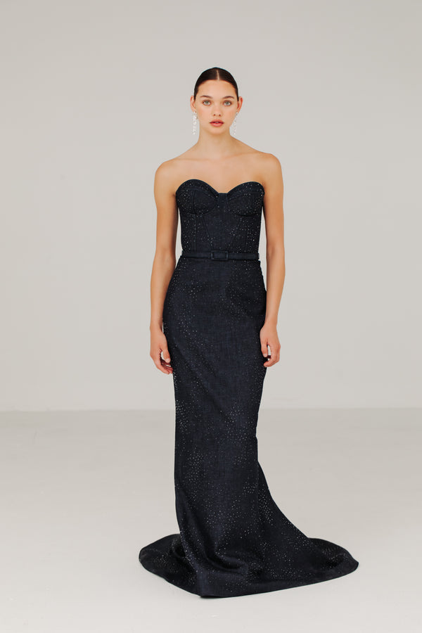 Denim Bustier Gown with Scattered Crystals