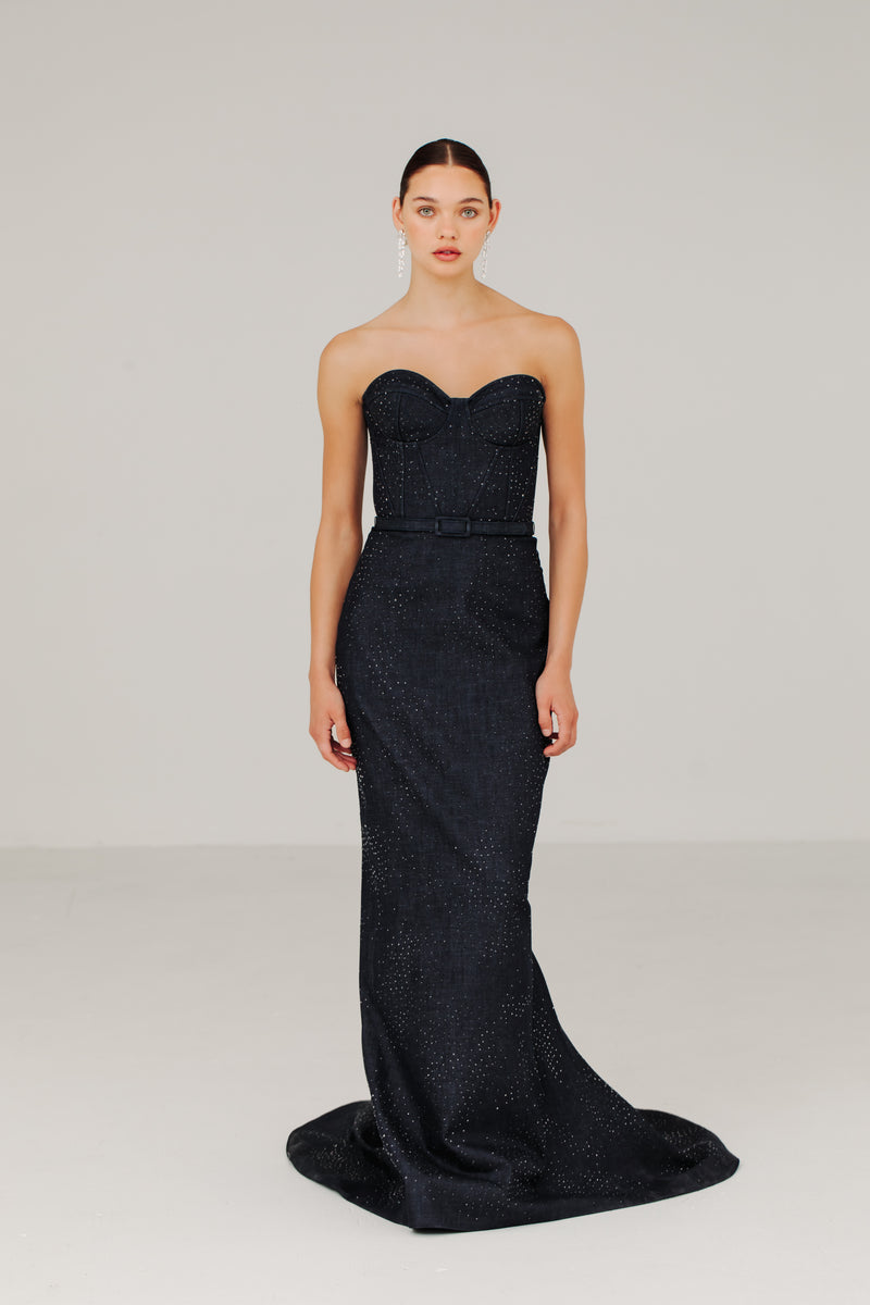 Denim Bustier Gown with Scattered Crystals