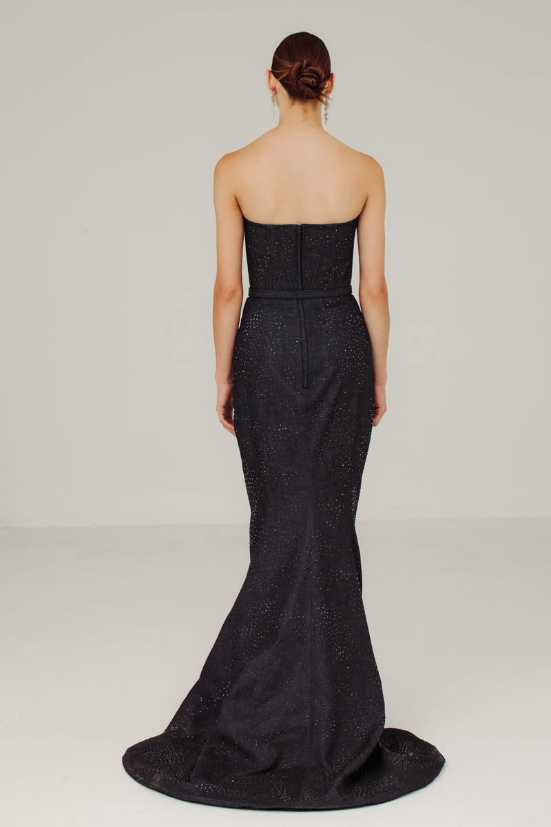 Denim Bustier Gown with Scattered Crystals
