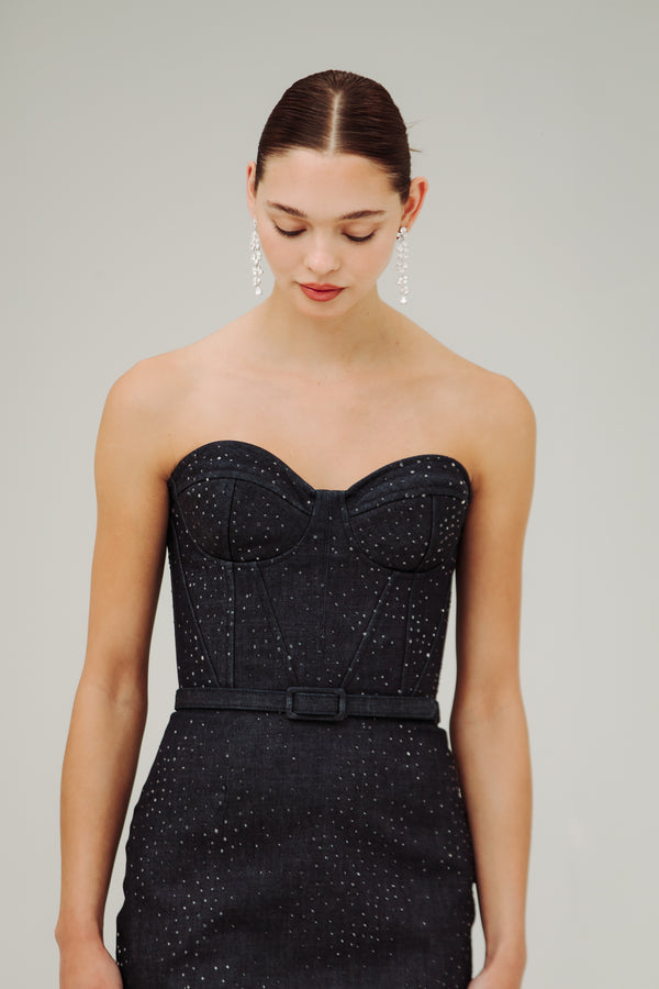 Denim Bustier Gown with Scattered Crystals