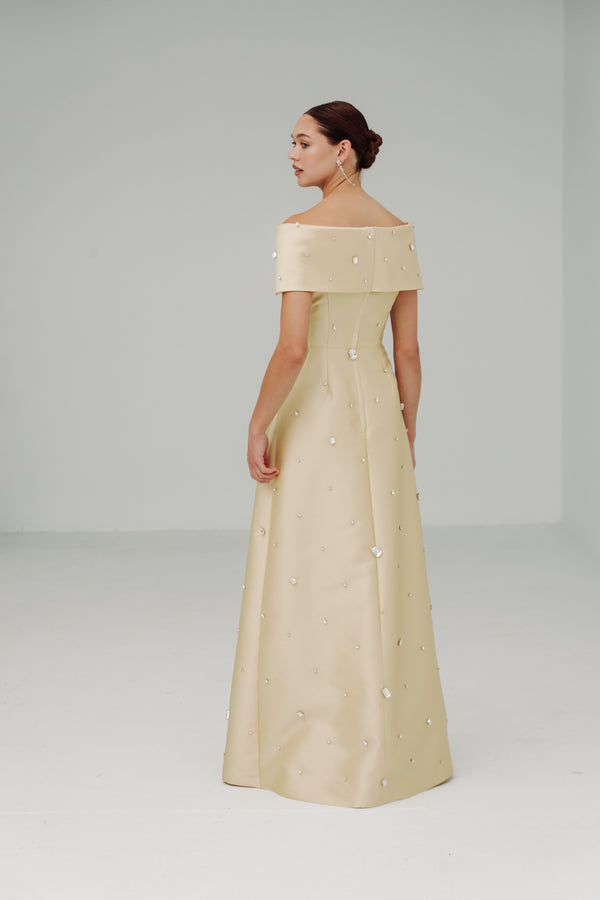 Roll Collar Gown with Scattered Gems