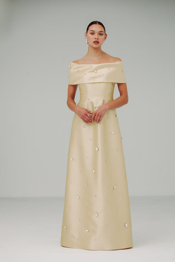 Roll Collar Gown with Scattered Gems