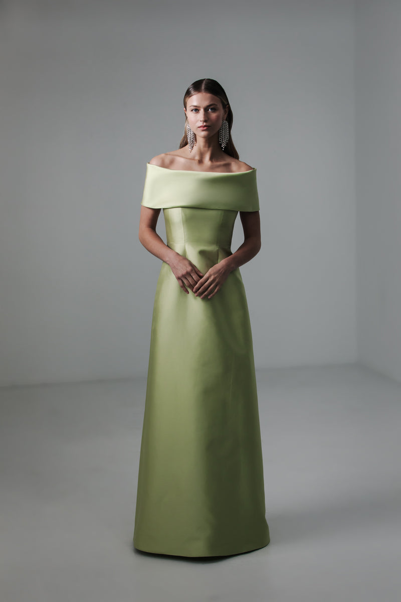 Off Shoulder Roll Collar Gown with A Line Skirt Off Shoulder Roll Collar Gown with A Line Skirt