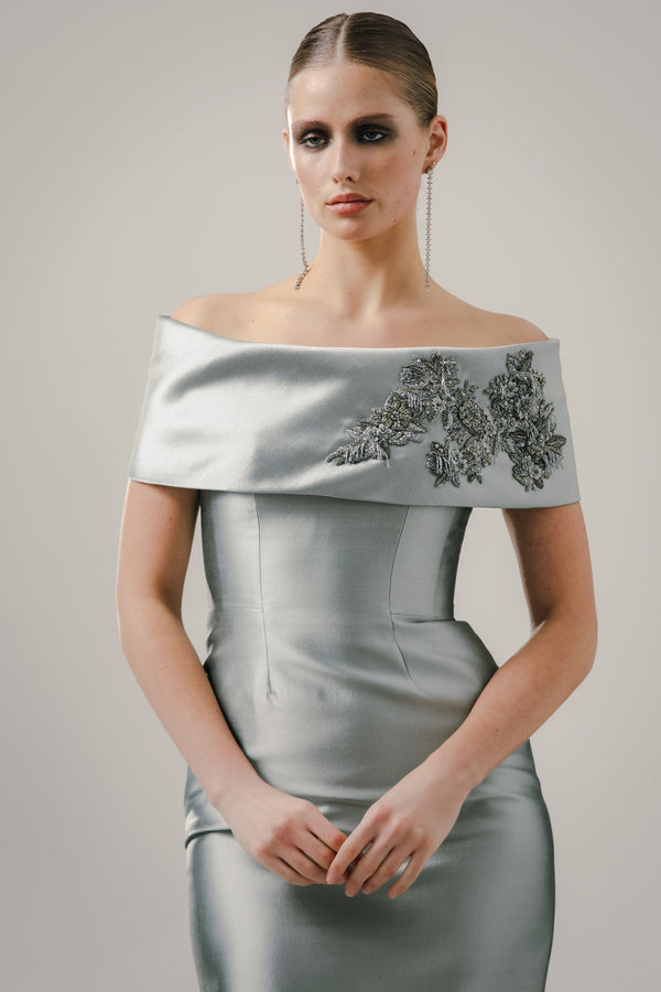 Roll Collar Gown with Embroidered Detail