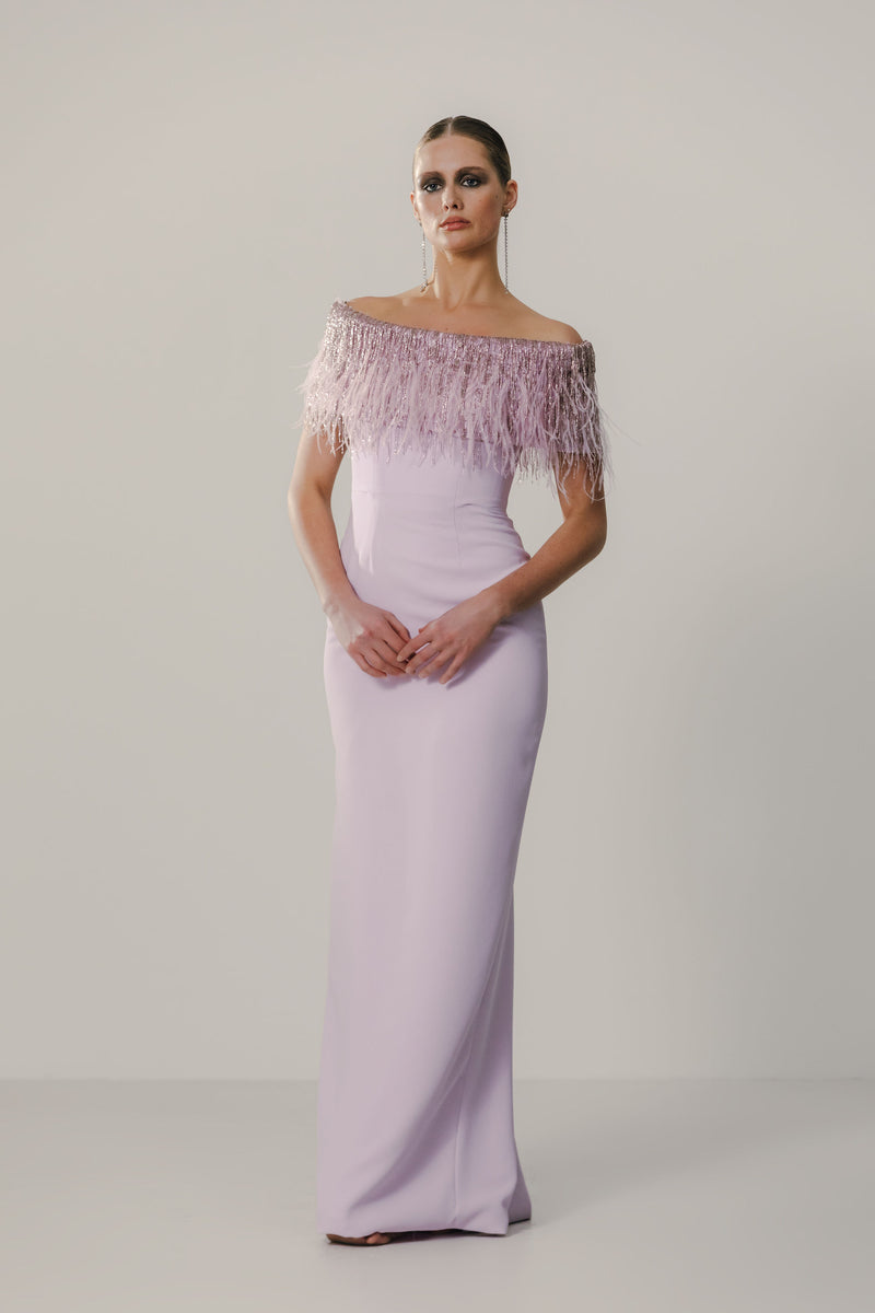 Feather & Gem Embroidered Roll Collar Sheath