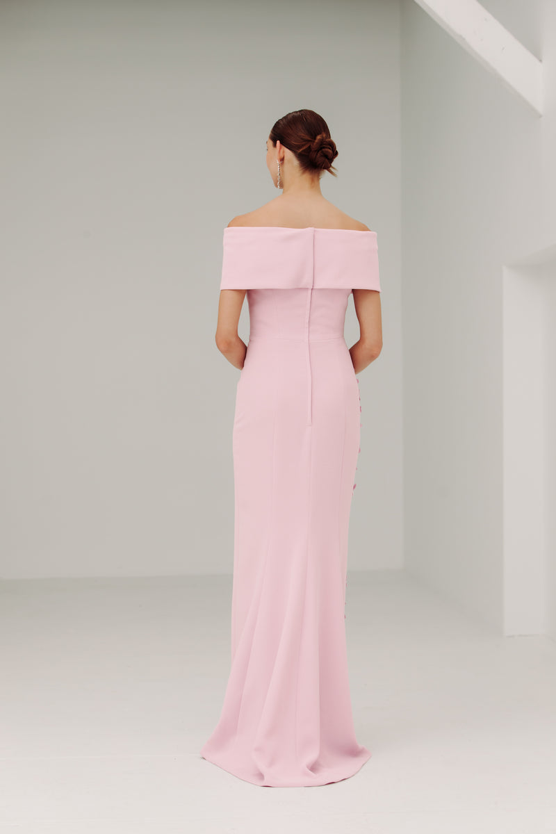 Off Shoulder Roll Collar Gown with Apple Blossom Spray