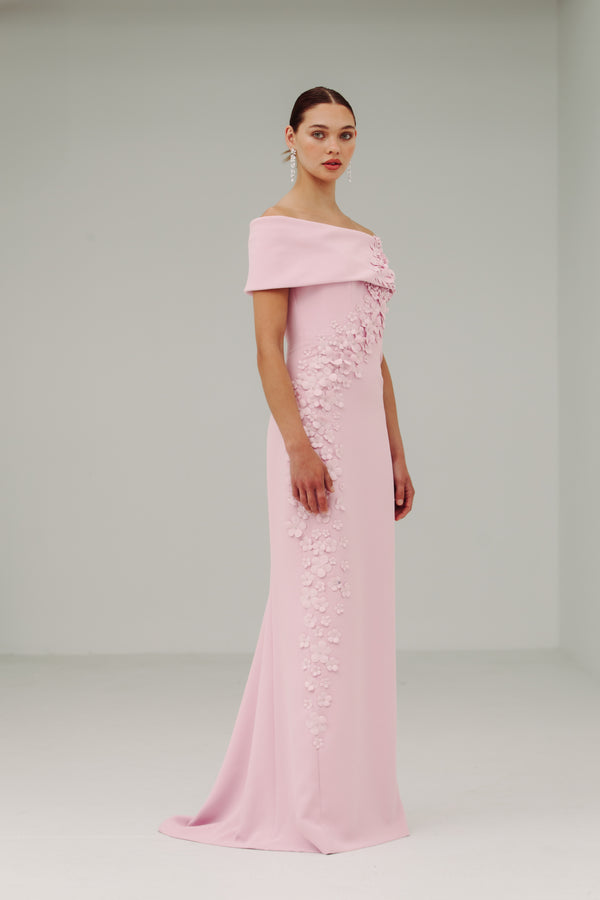 Off Shoulder Roll Collar Gown with Apple Blossom Spray