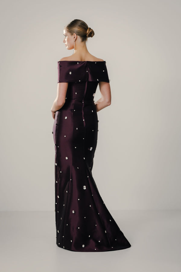 Off Shoulder Roll Collar Gown with Scattered Gems