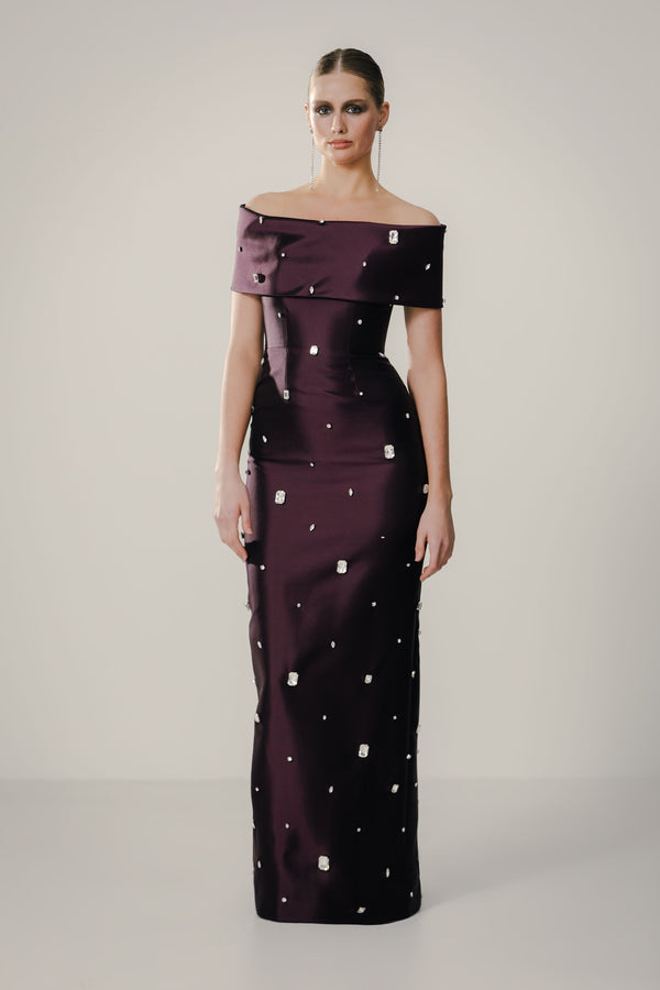 Off Shoulder Roll Collar Gown with Scattered Gems