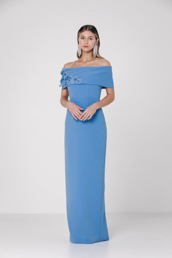 Off Shoulder Roll Collar Gown with Wisteria Spray