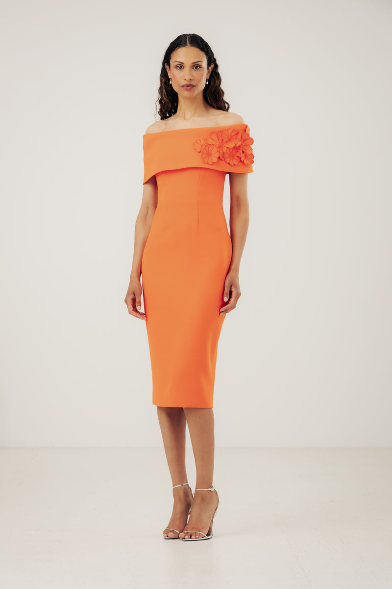 orange floral off the shoulder dress Floral Off-shoulder Coral Gown With Sleeves