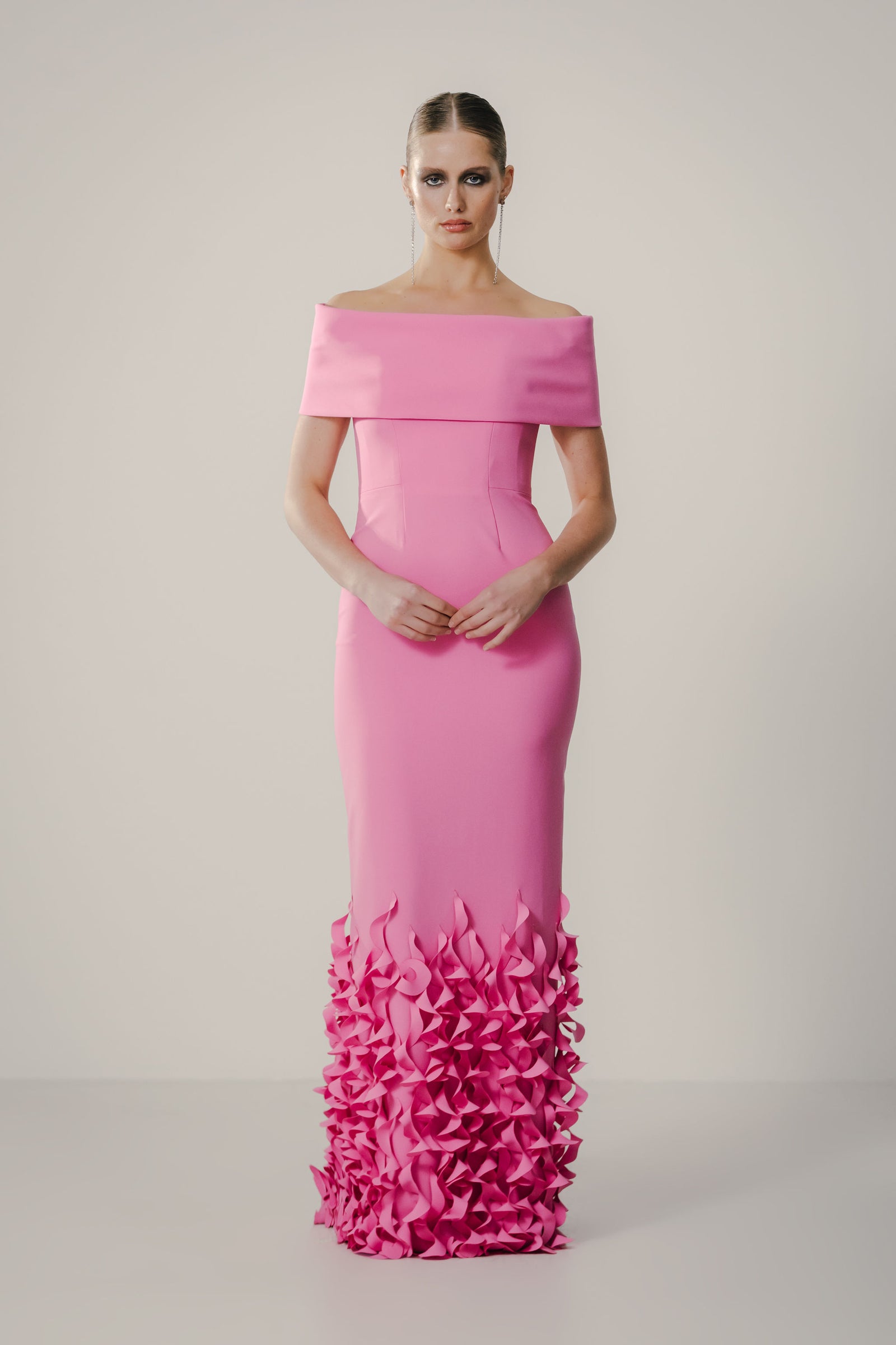catherine regehr off the shoulder dress Off Shoulder Roll Collar V Neck Gown with Spiral Hem