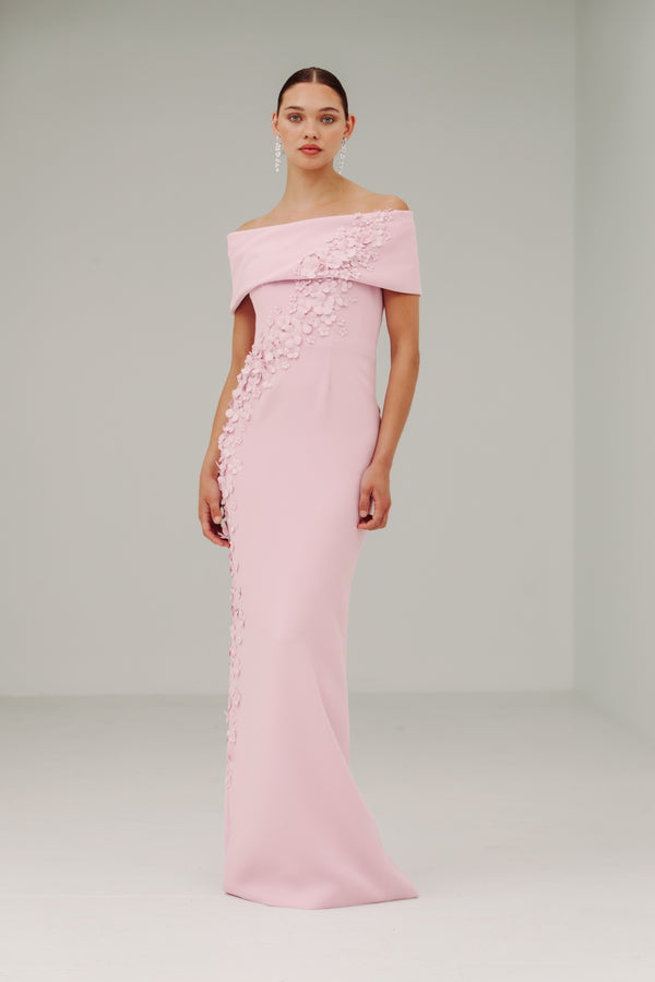 Off Shoulder Roll Collar Gown with Apple Blossom Spray