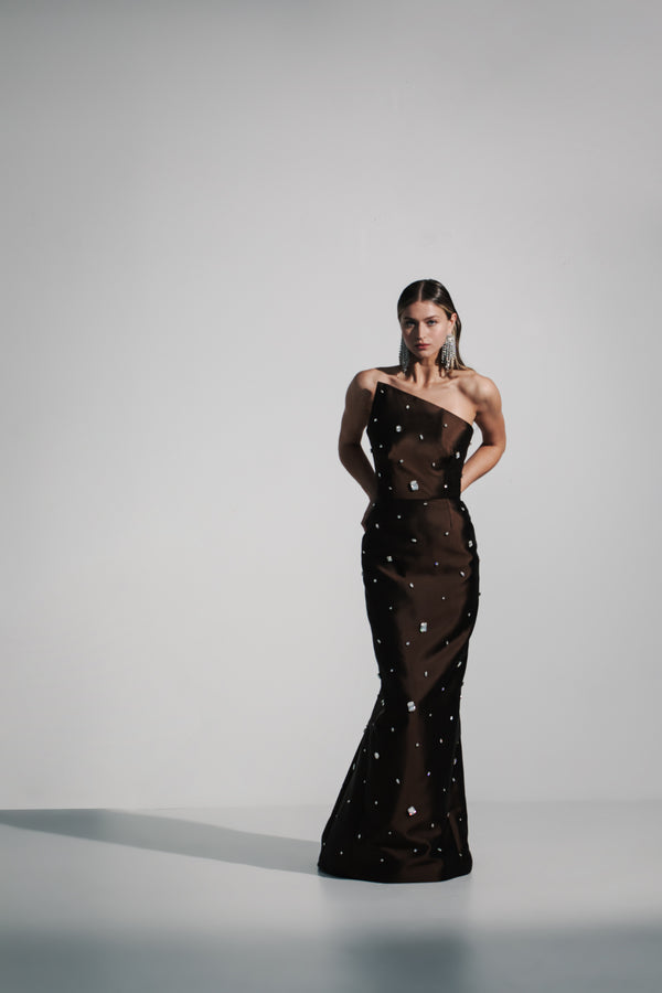 Asymmetrical Gown with Scattered Gems