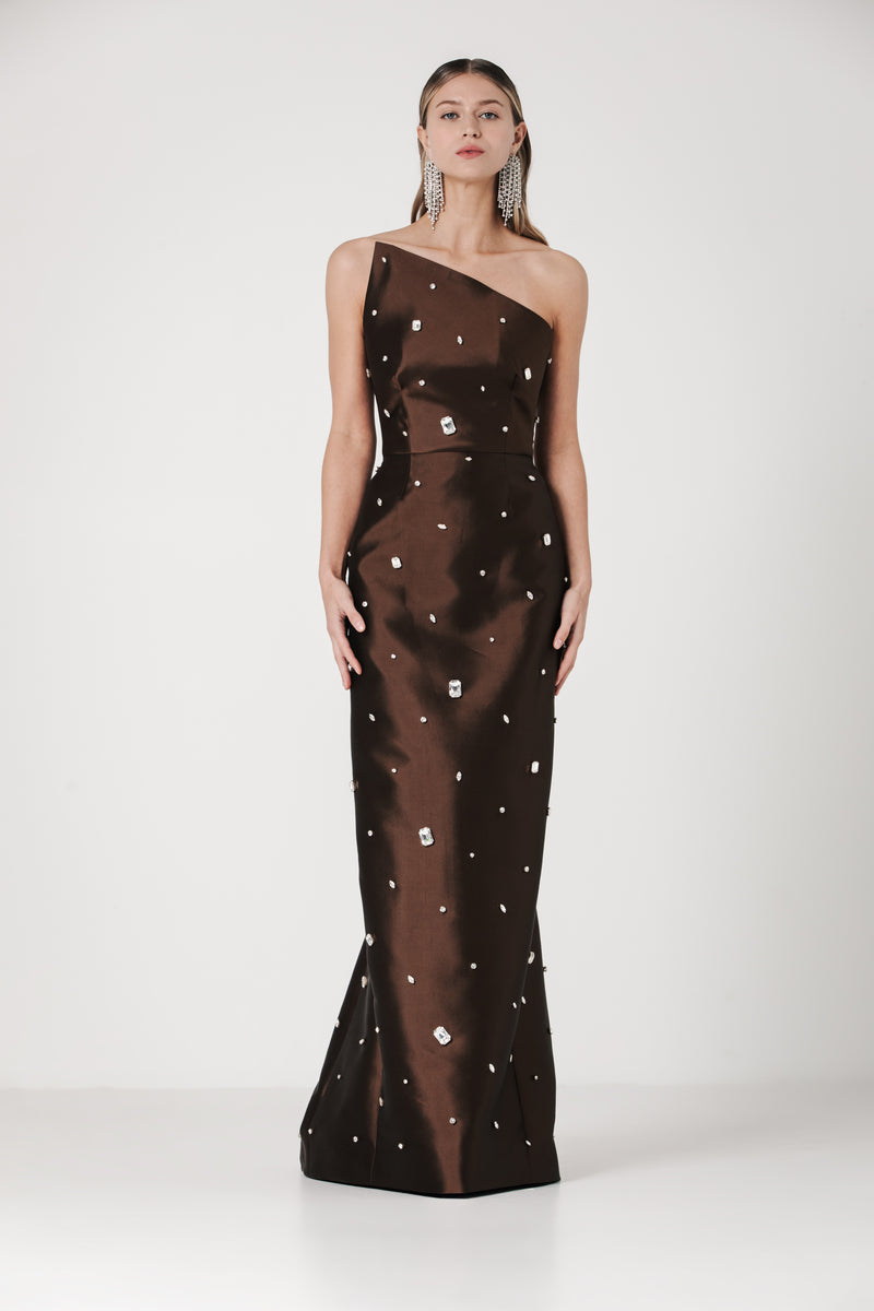 Asymmetrical Gown with Scattered Gems Catherine Regehr Asymmetrical Gown with Scattered Gems Catherine Regehr