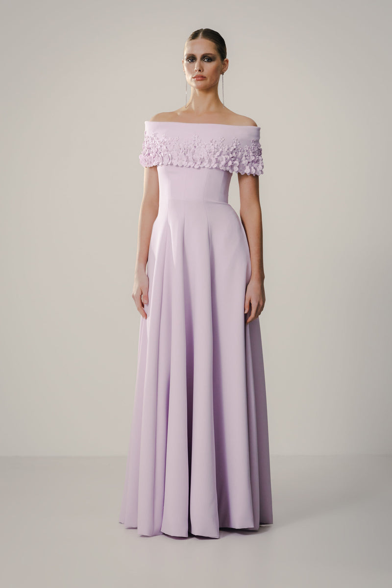 Off Shoulder Roll Collar Van Der Rohe Gown with Apple Blossom & Gem Collar