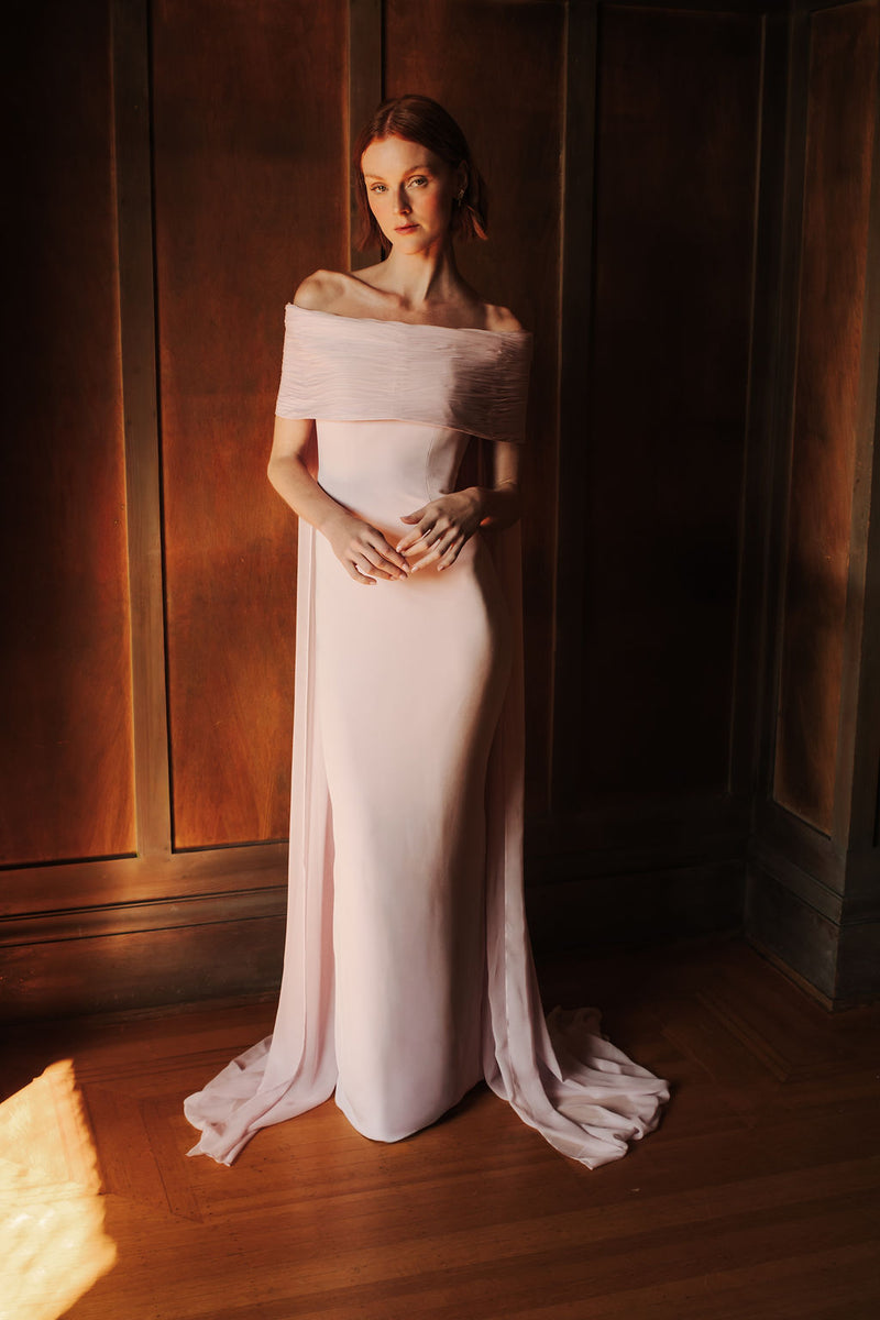 Off Shoulder Ripple Gown with Back Floats Catherine Regehr Off Shoulder Ripple Gown with Back Floats Catherine Regehr