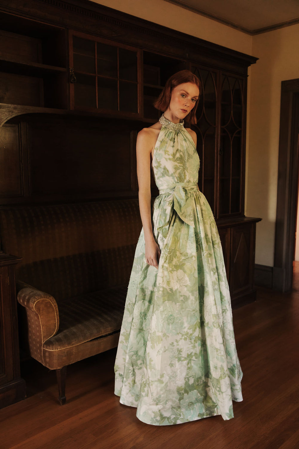 Floral T Neck Gown with Gem Neck & Ballgown Skirt – Catherine Regehr