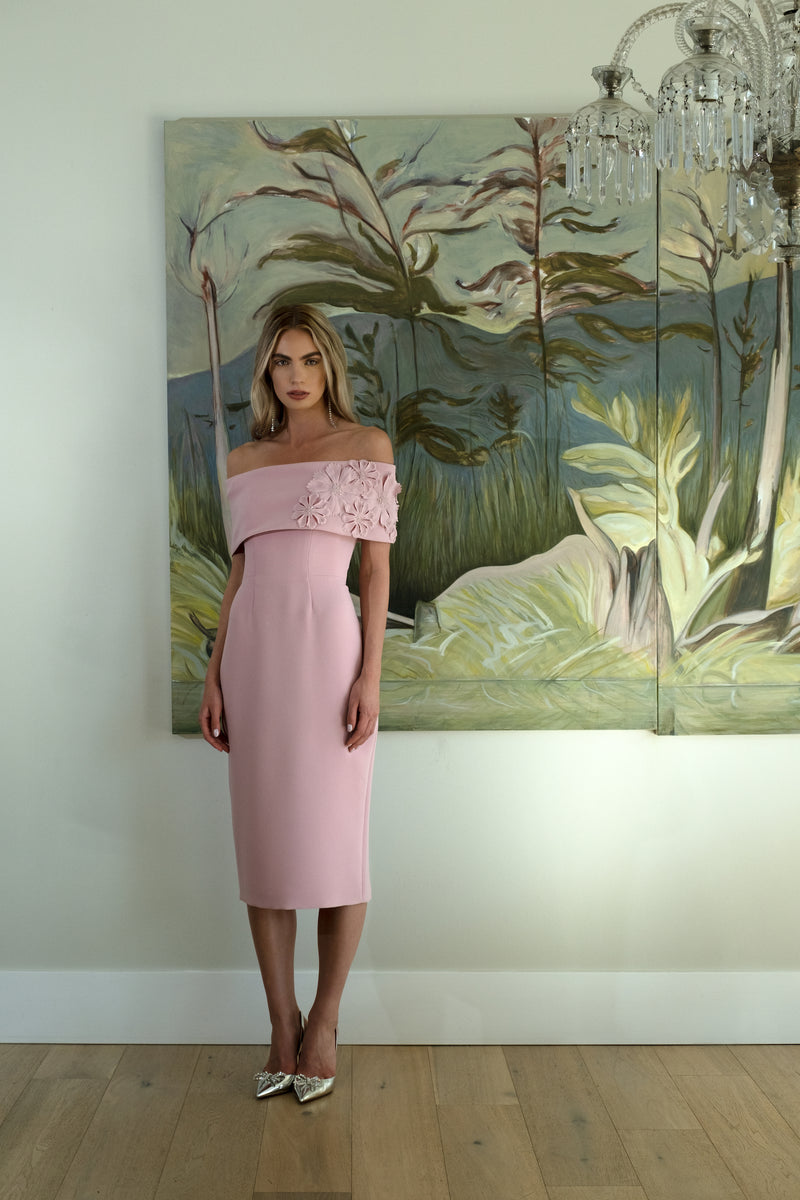 Off Shoulder Dress with Petal Spray Catherine Regehr Off Shoulder Dress with Petal Spray Catherine Regehr