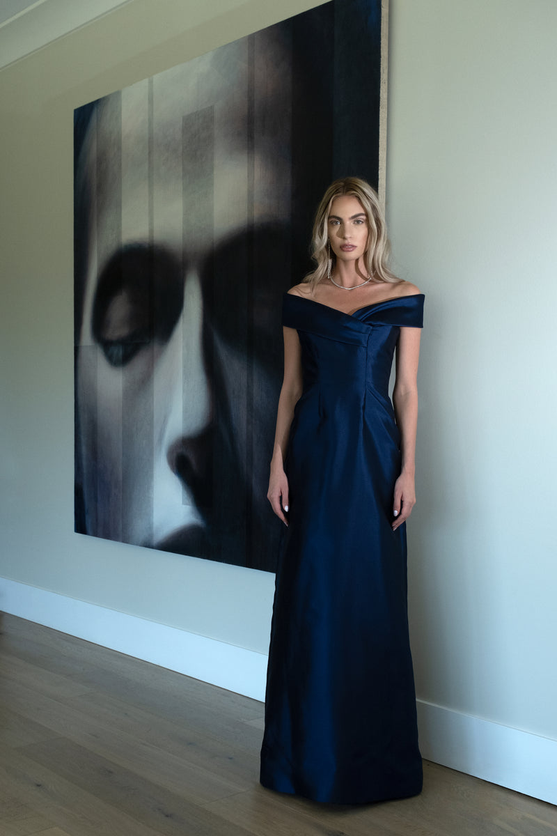 Off Shoulder V-Neck Roll Collar Gown with Wedge Skirt Catherine Regehr Off Shoulder V-Neck Roll Collar Gown with Wedge Skirt Catherine Regehr
