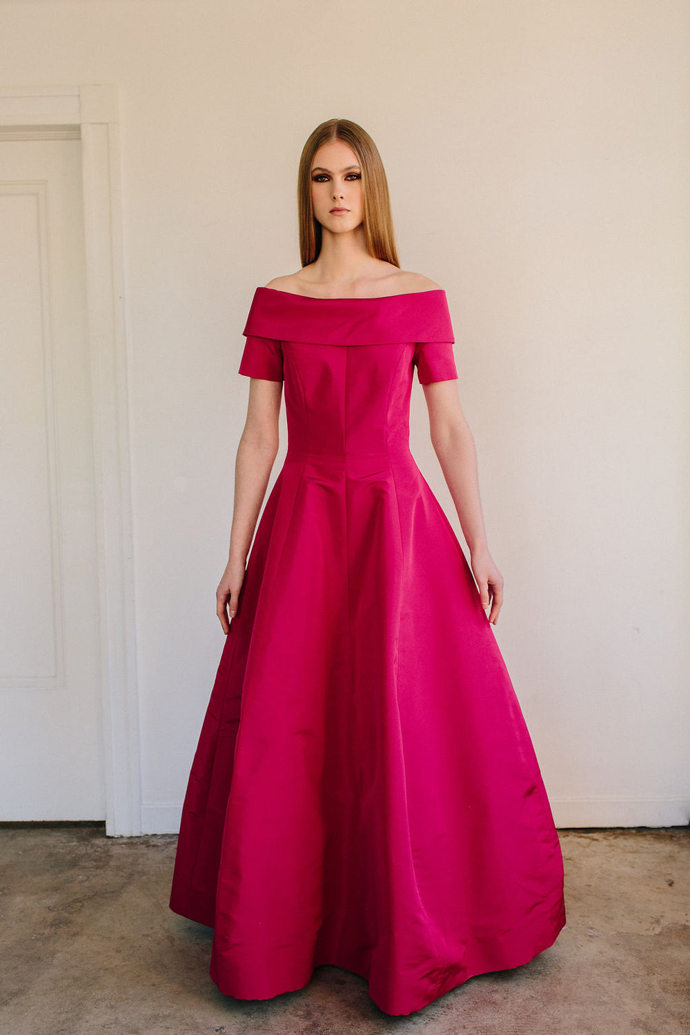 V Back Off Shoulder Alice Gown with Van Der Rohe Skirt Catherine Regehr