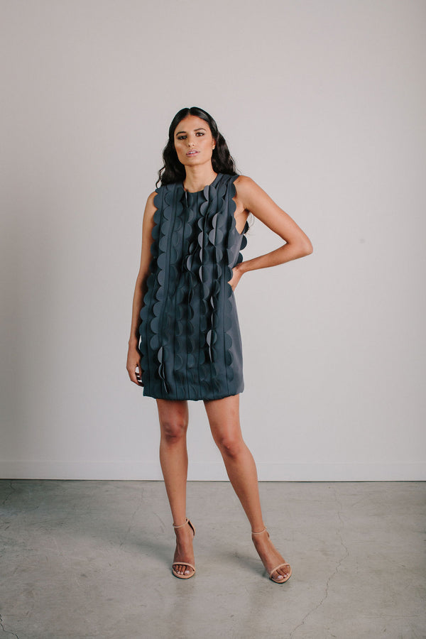 Sleeveless Jewel Neck Arak Dress with Scallop Rows
