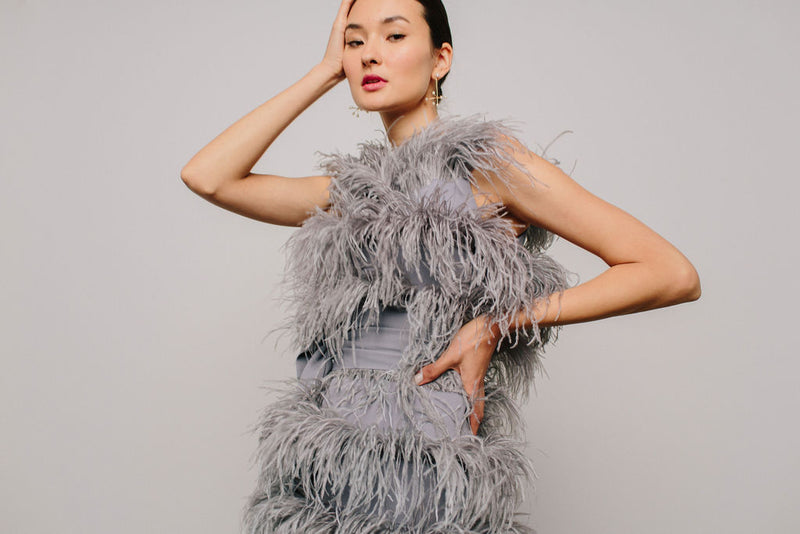 grey dress with feathers Black tie gown with feathers and beads