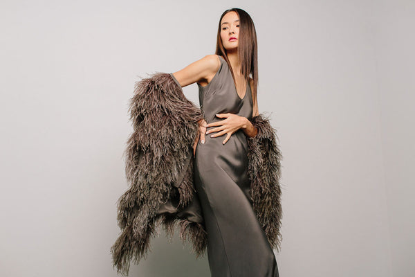 Tie Neck Swing Dress with Ostrich Feather Hem – Catherine Regehr