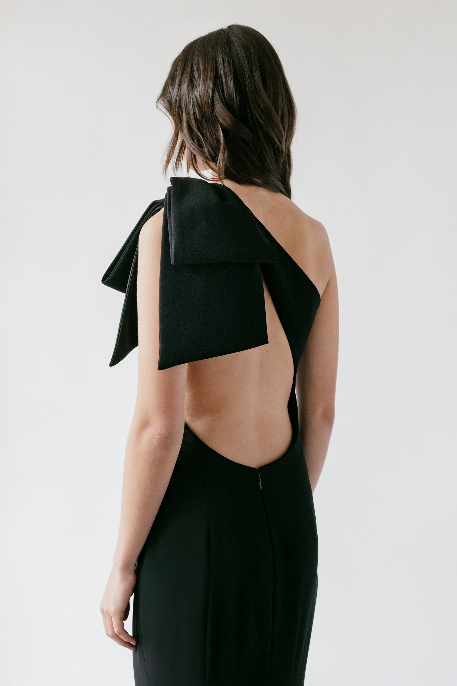 One Shoulder Open Back Sheath with Bow Catherine Regehr One Shoulder Open Back Sheath with Bow Catherine Regehr