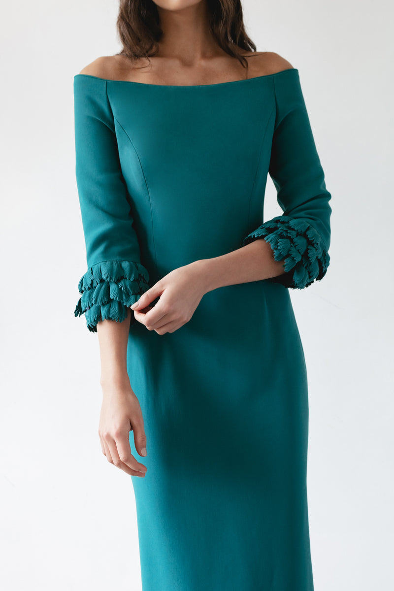 Off Shoulder Gown with Parrot Tulip Cuff