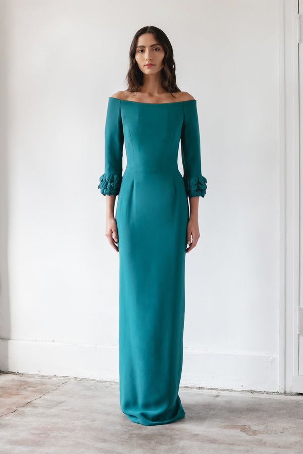 Off Shoulder Gown with Parrot Tulip Cuff