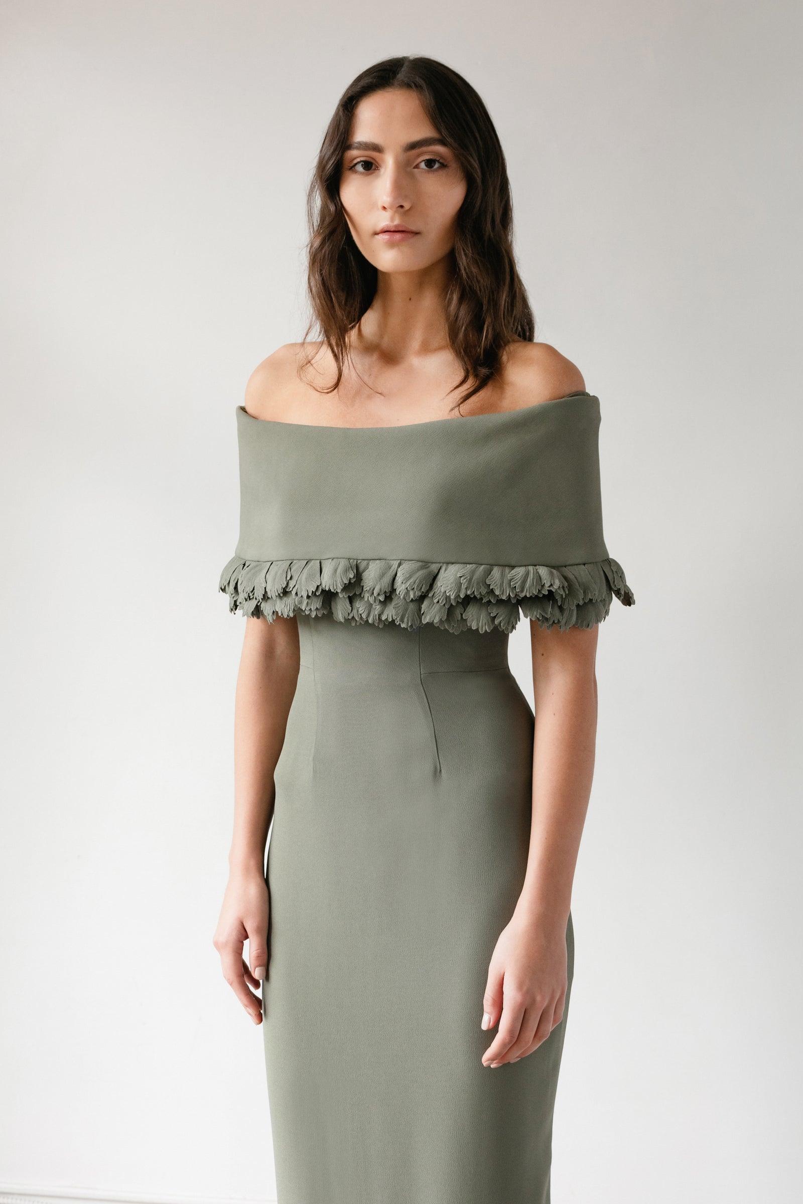 Off Shoulder Gown with Parrot Tulip Collar Catherine Regehr Off Shoulder Gown with Parrot Tulip Collar Catherine Regehr