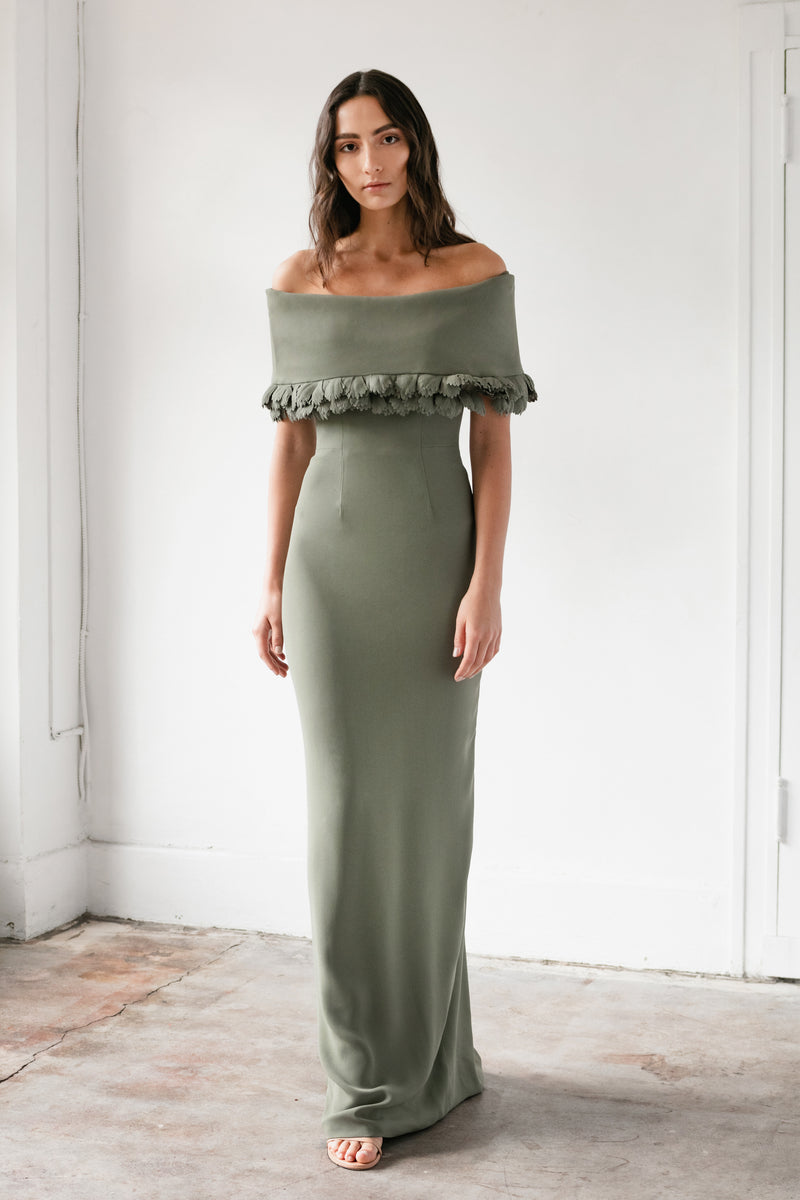 Off Shoulder Gown with Parrot Tulip Collar